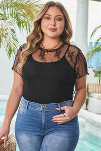 Black Plus Size Sheer Lace Mesh Short Sleeve Top