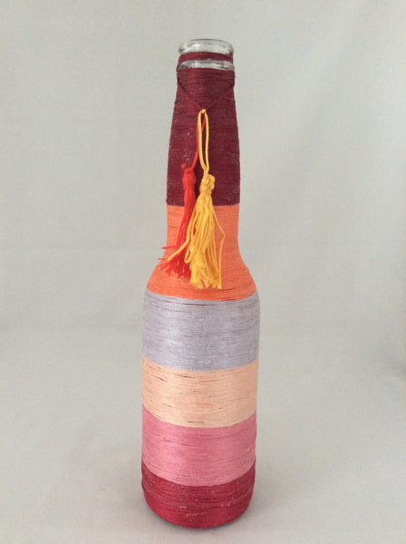 Glass Bottle Vases, Hand wrapped, Colorful Strings, Handmade Tassels