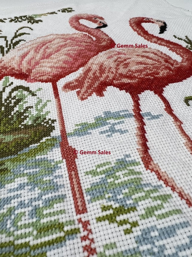 Cross Stitch Art, Finished Embroidery Piece - Pink Flamingos