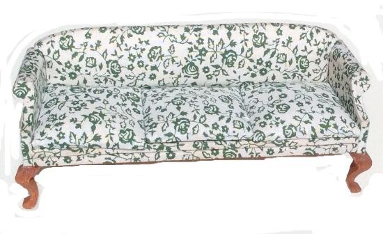 Miniature Queen Anne Sofa with 3 Cushions, Floral (Green)